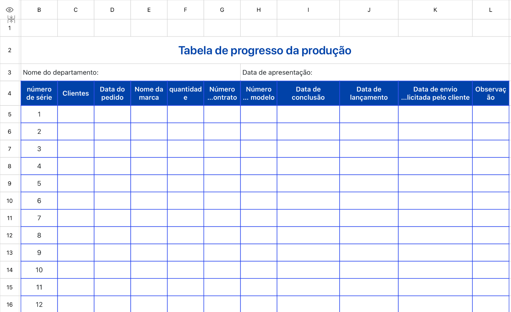 Tabela de progresso da produção